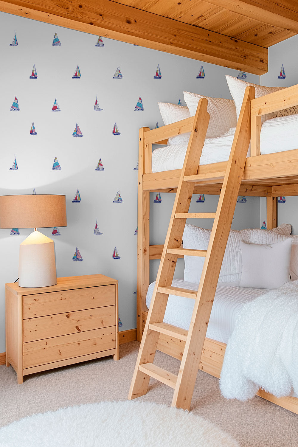 washable and stain resistant wallpaper for kids lake house bunk rooms in preppy patriotic nautical sailboats