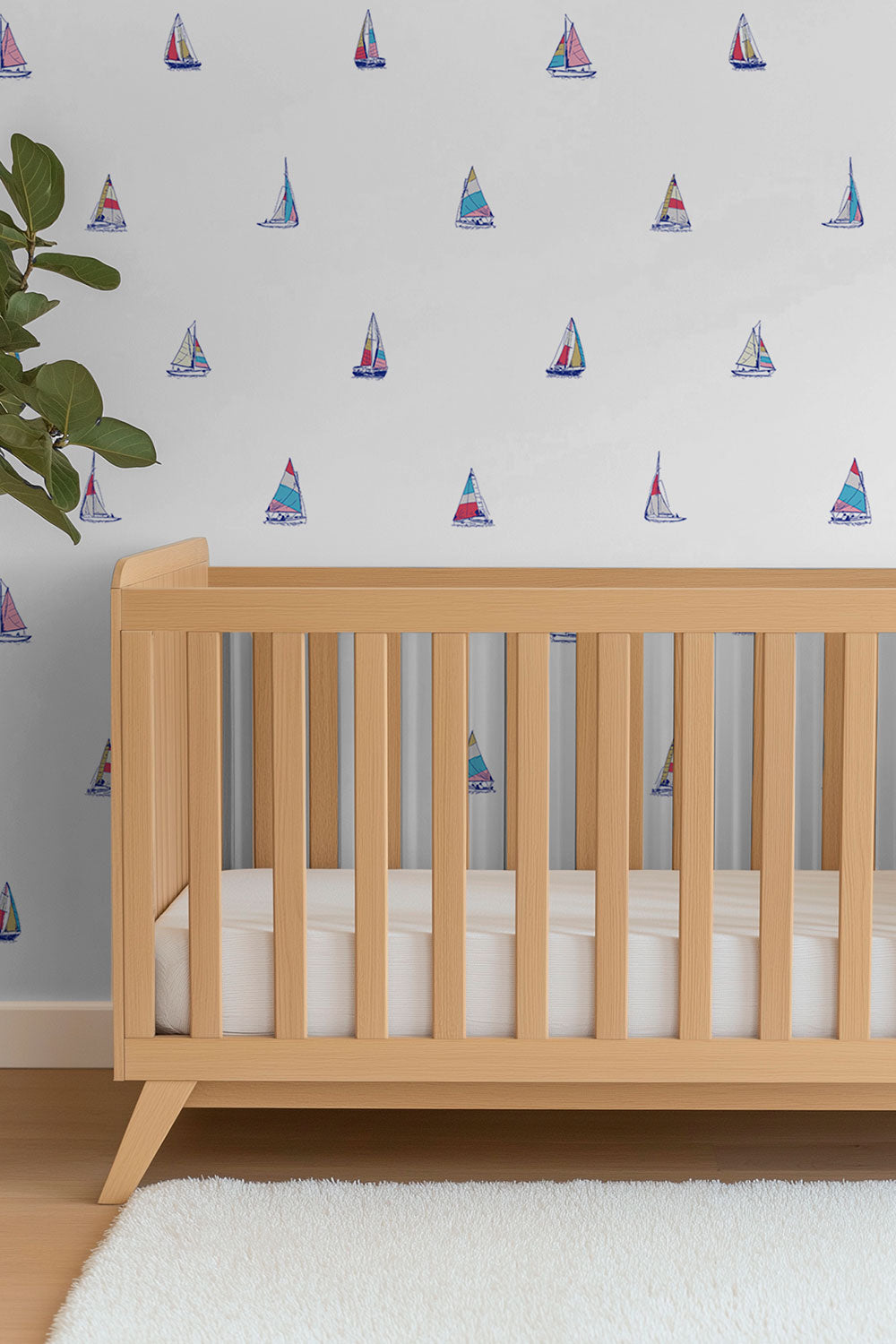 Sailboat wallpaper with tiny sailors for coastal lake house baby boy nurseries
