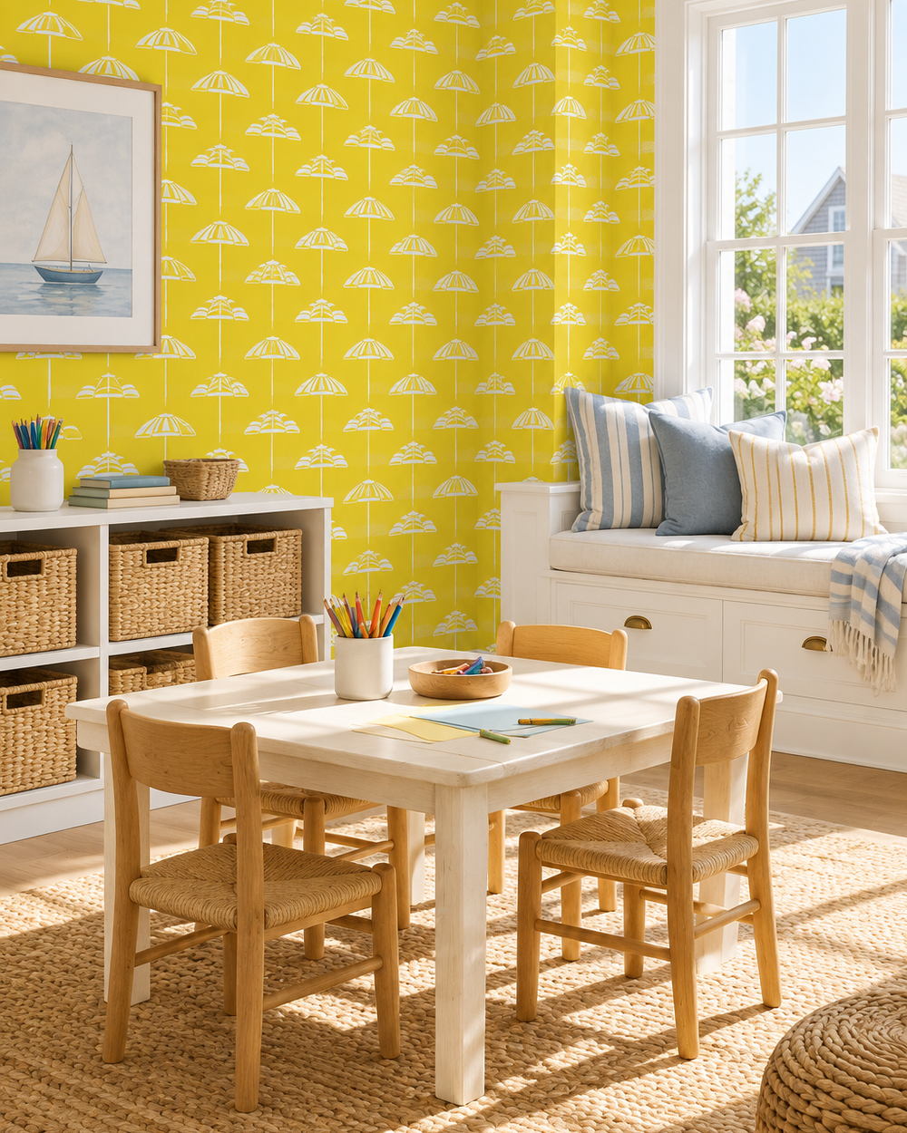 custom performance vinyl wallpaper that is washable and moisture repellant in bold pretty bright yellow and white beach umbrella stripes for interior designers and custom home builders of coastal beach homes perfect for high traffic kids playrooms and bedrooms