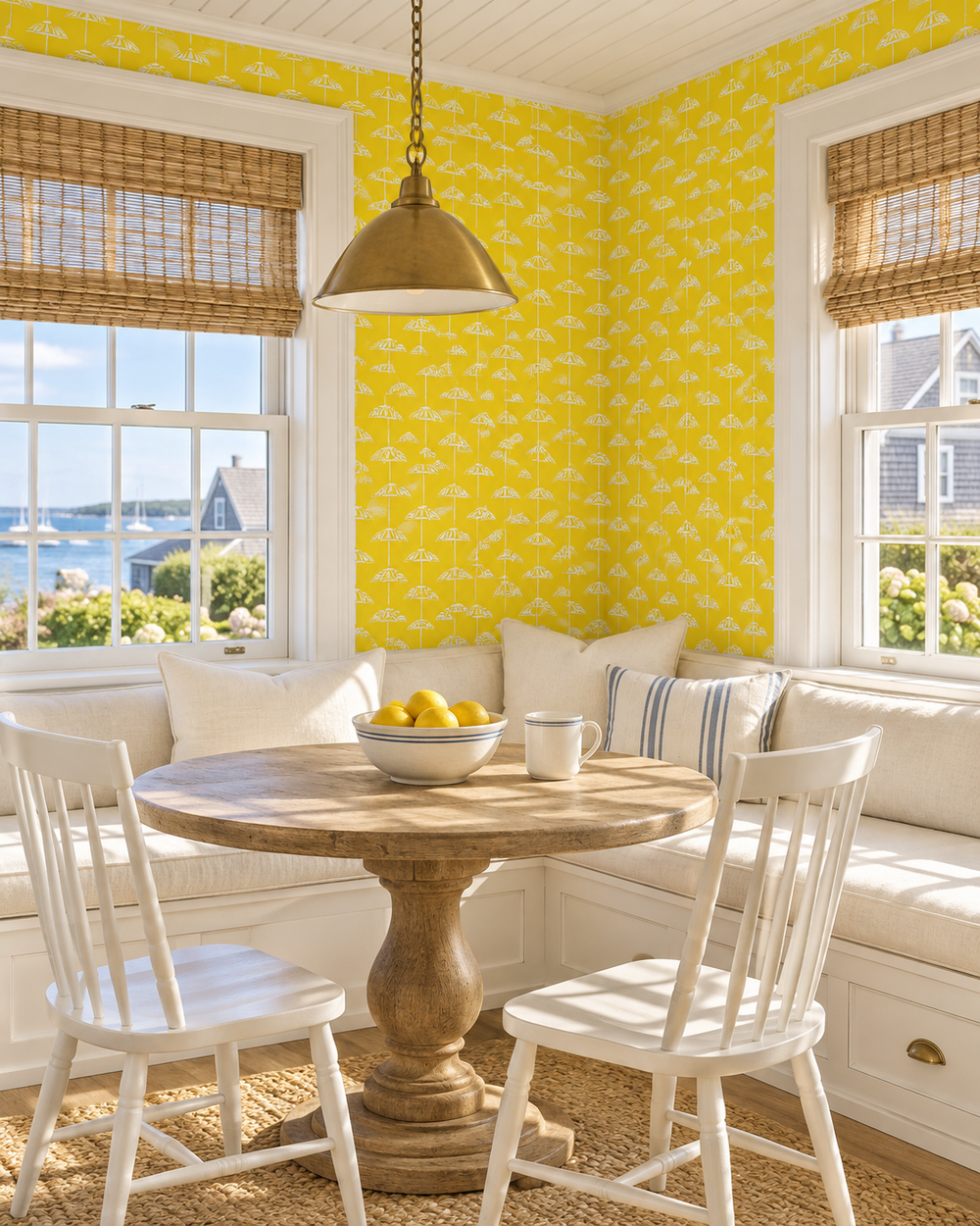 fun and energetic custom hand-drawn beach umbrella stripe wallpaper in sunny yellow and white stripe for high-end luxury beach house rentals