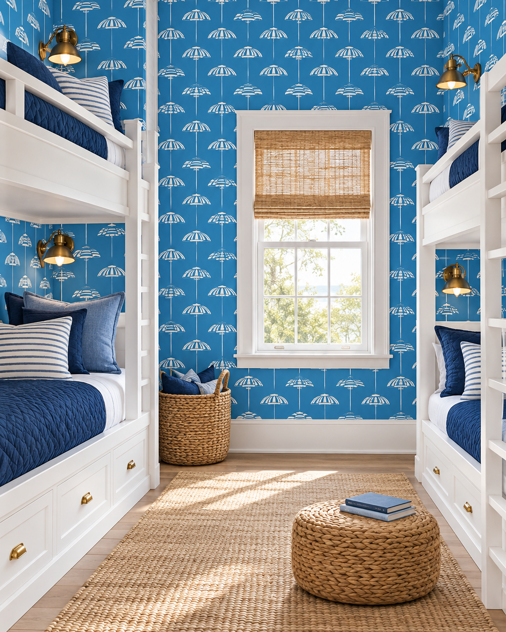 coastal beach vacation house with royal blue nautical hand-drawn beach umbrella striped wallpaper for kids bedrooms