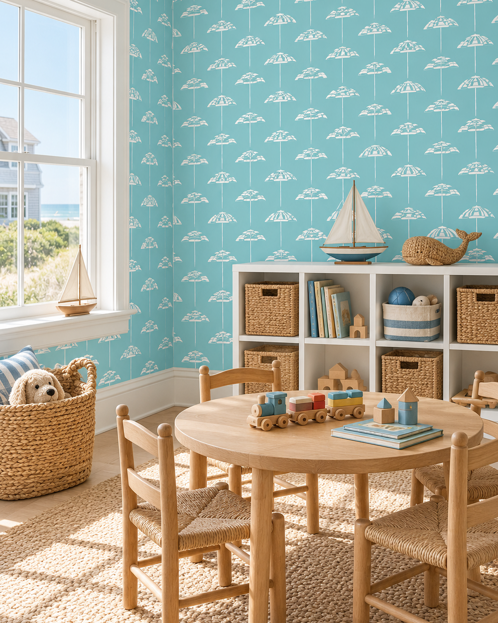 kid's playroo featuring bright teal  with white painted umbrella vertical stripes for coastal homes, bedrooms and playrooms printed on washable performance vinyl that is stain and moisture resistant