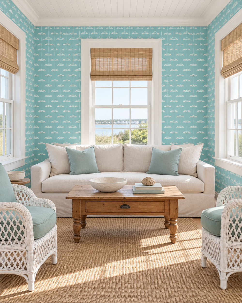 coastal beach vacation house living room sun room wallpaper in beach umbrella striped wallpaper in aqua green