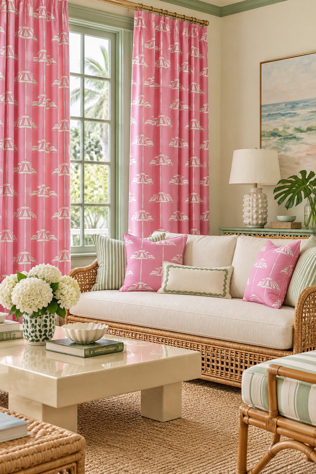 Hand-drawn vertical cabana stripe upholstery fabric inspired by beach umbrellas, shown in a coastal preppy pink color palette with a classic yet playful look. Featured in this beachside living room as the custom drapery with coordinating pillows