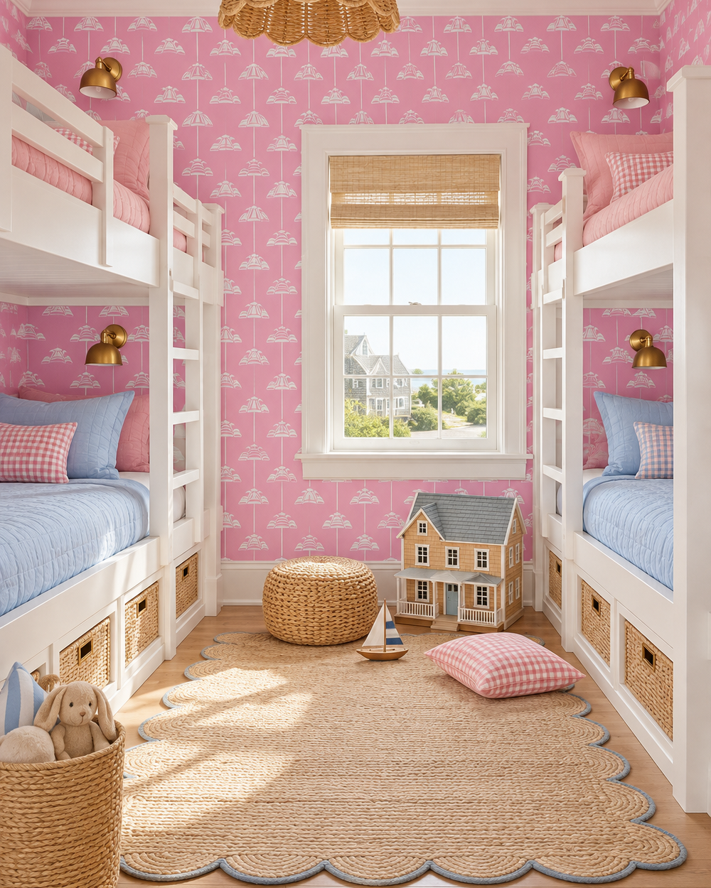 pink beach umbrella striped wallpaper in coastal vacation house bunk room