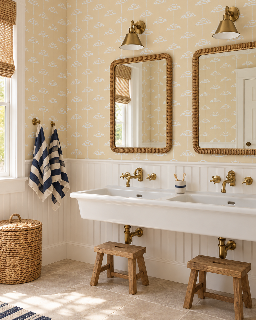 performance vinyl wallpaper that is washable and stain resistant in our coastal beach umbrella striped design perfect for bathrooms, mudrooms and wet bars in coastal vacation houses