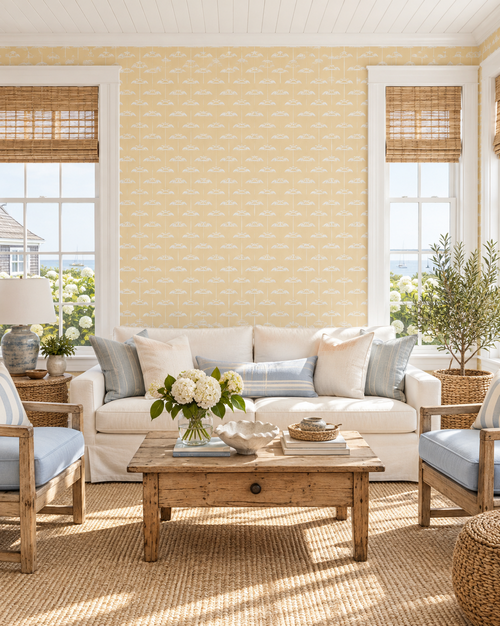 beach house wallpaper for modern coastal homes in neutral calming colors featuring beach umbrella vertical stripes