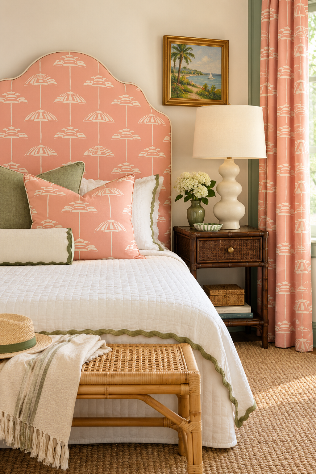 Hand-drawn vertical cabana stripe upholstery fabric inspired by beach umbrellas, shown in a coastal color palette with a classic yet playful look. featured as the fabric headboard and coordinating window drapery in this coastal bedroom