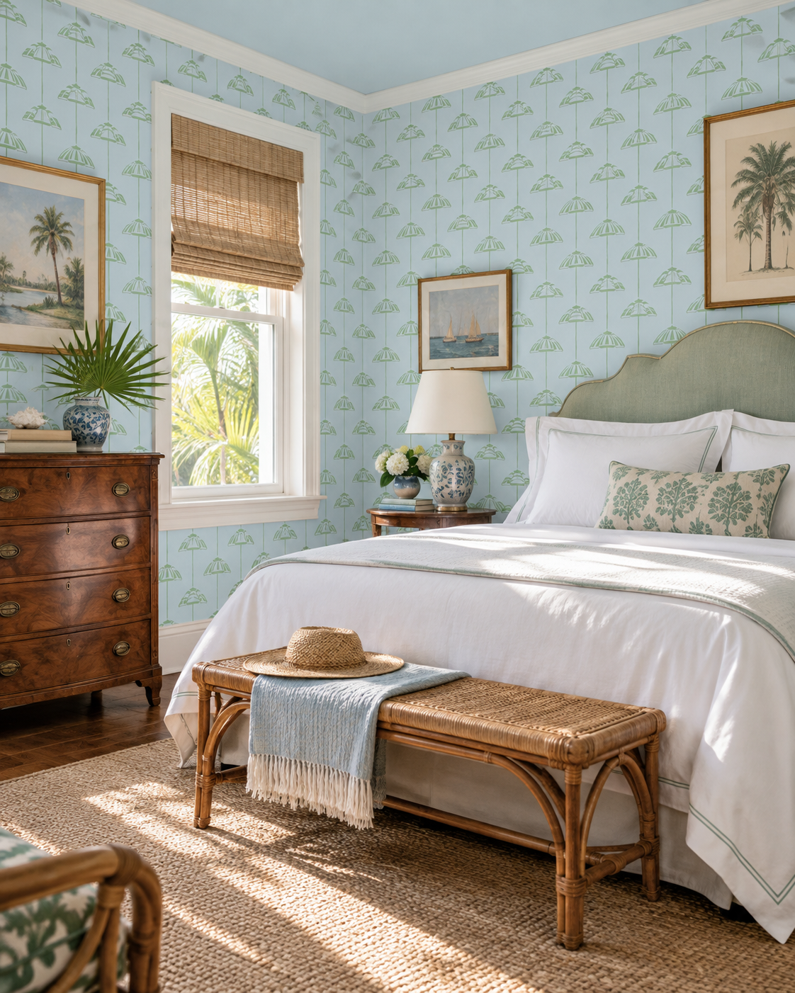 cozy coastal bedroom featuring hand-drawn beach umbrella wallpaper
cabana stripe wallpaper
beach club inspired wallpaper
coastal stripe wallpaper
neutral coastal wallpaper
colorful wallpaper for kids
bunk room wallpaper
poolside cabana design
shoreline style wallpaper
playful coastal interior design
ocean blue and garden green stripe