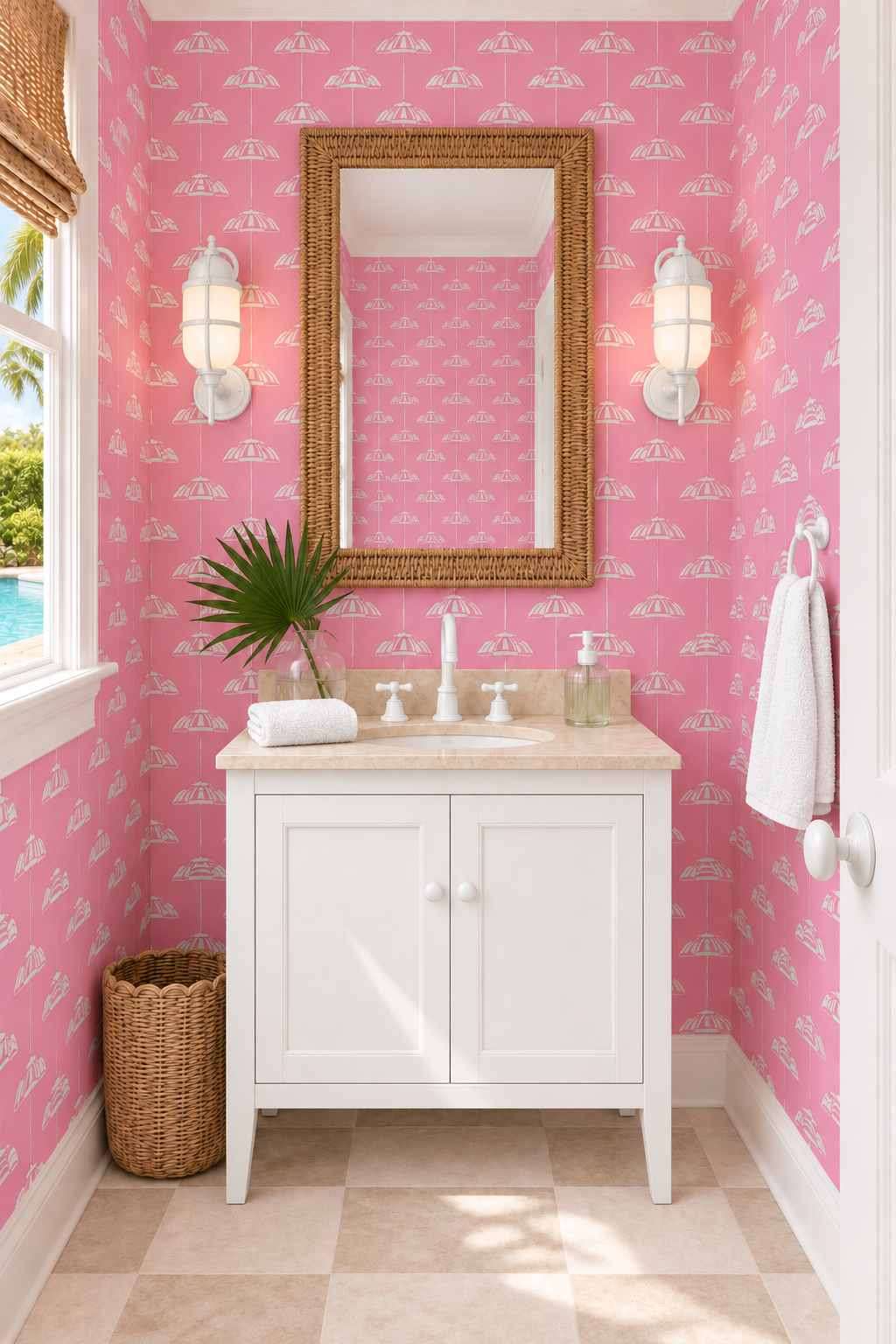 A bright bathroom vanity in a pink tropical-patterned room, featuring a white cabinet, a natural wood mirror, two wall sconces, and a wicker basket on the floor.