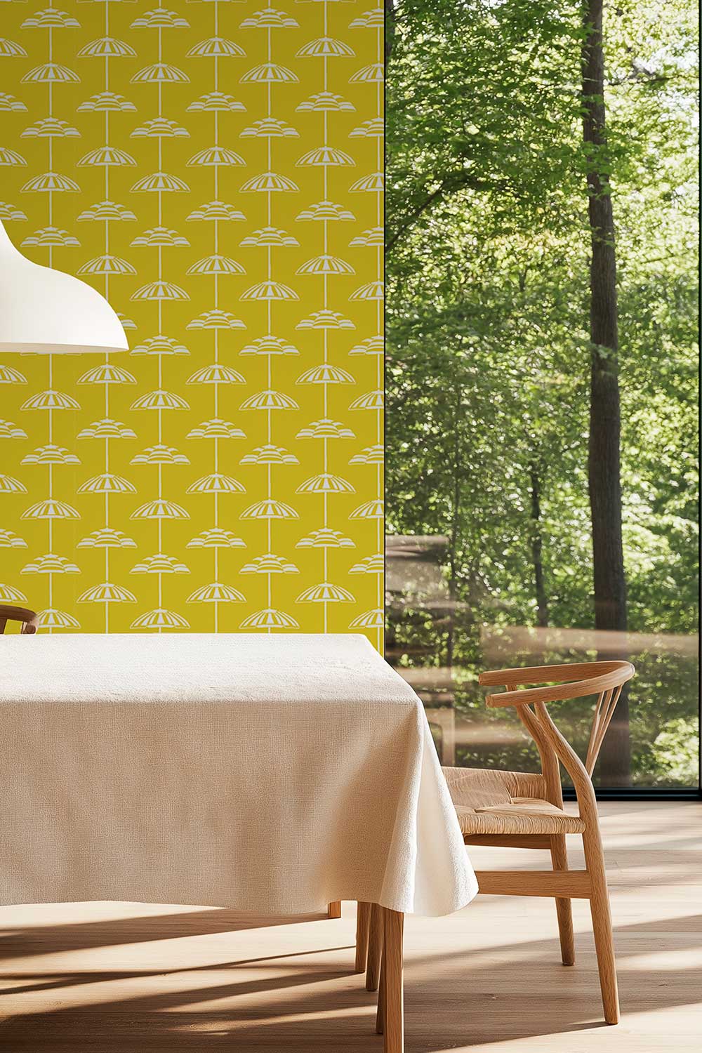 fun and energetic custom hand-drawn beach umbrella stripe wallpaper in sunny yellow and white stripe for high-end luxury beach house rentals