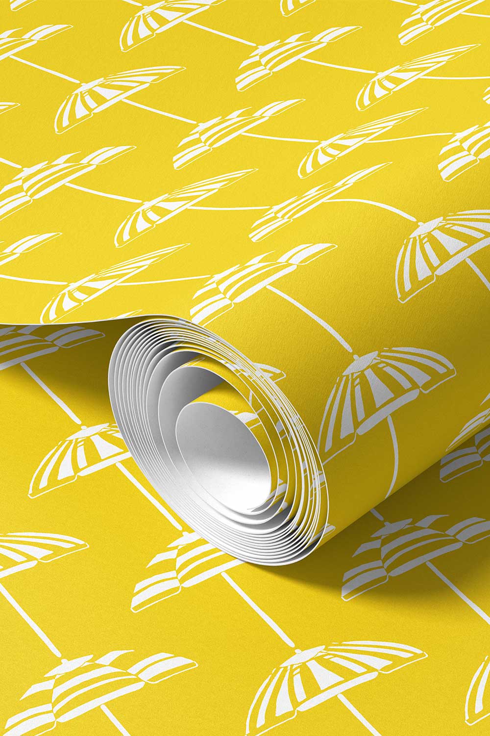 custom performance vinyl wallpaper that is washable and moisture repellant in bold pretty bright yellow and white beach umbrella stripes for interior designers and custom home builders of coastal beach homes 