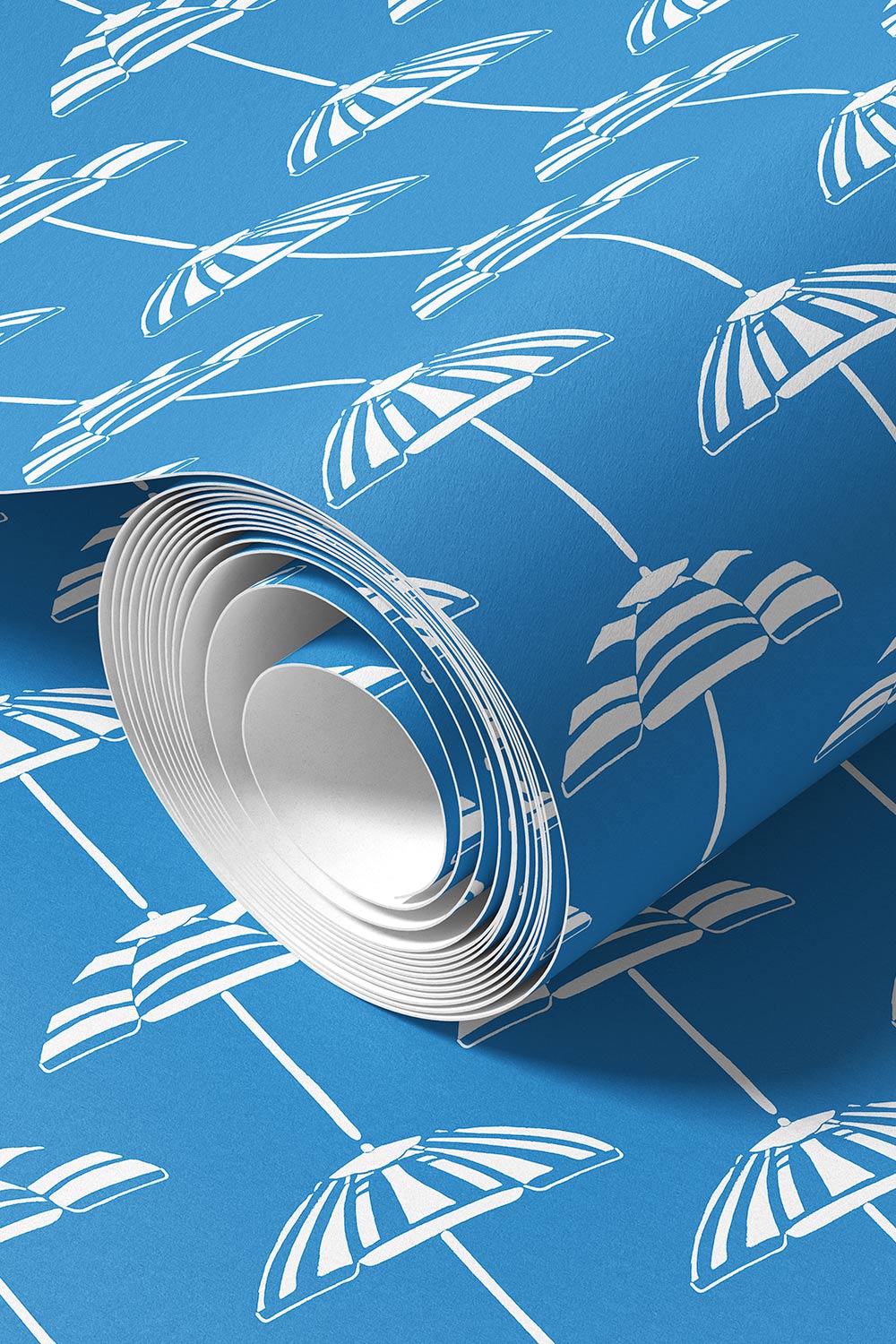 custom performance vinyl wallpaper that is washable and moisture repellant in bold pretty royal blue and white beach umbrella stripes for interior designers and custom home builders of coastal beach homes