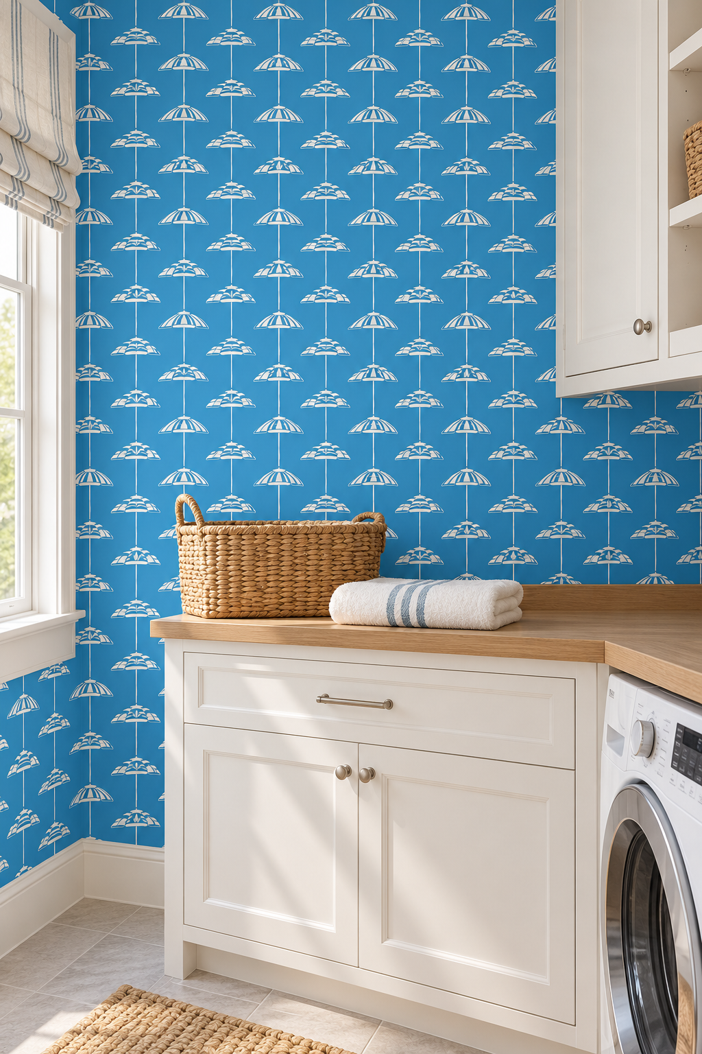 custom performance vinyl wallpaper that is washable and moisture repellant in bold pretty royal blue and white beach umbrella stripes for interior designers and custom home builders of coastal beach homes and laundry rooms