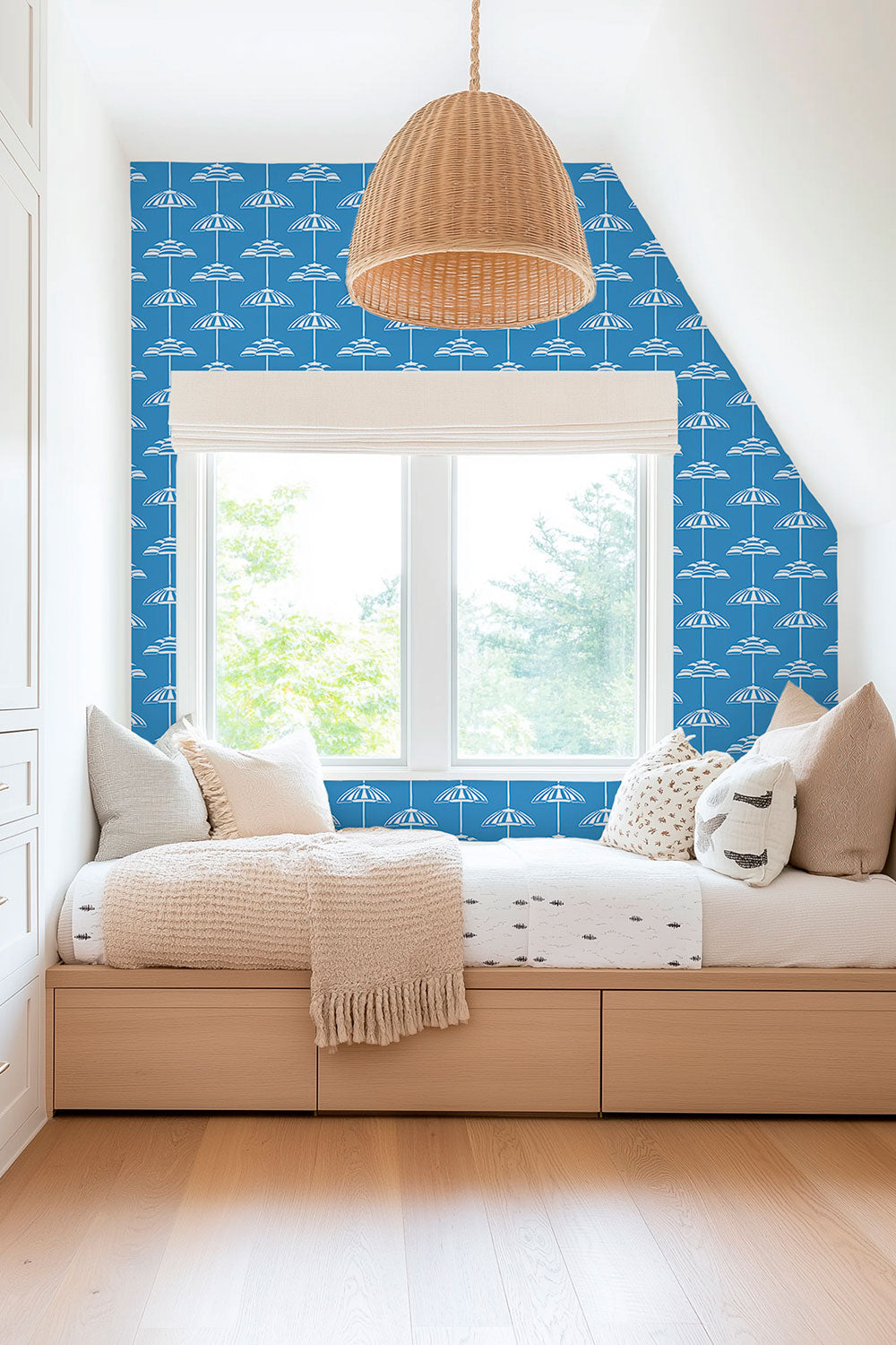 coastal beach vacation house with royal blue nautical hand-drawn beach umbrella striped wallpaper for kids bedrooms