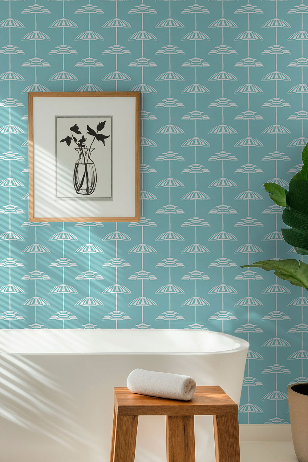 teal green custom wallpaper stripe with beach umbrellas for coast homes in performance vinyl washable and moisture repellant vinyl wallpaper, great for bathrooms