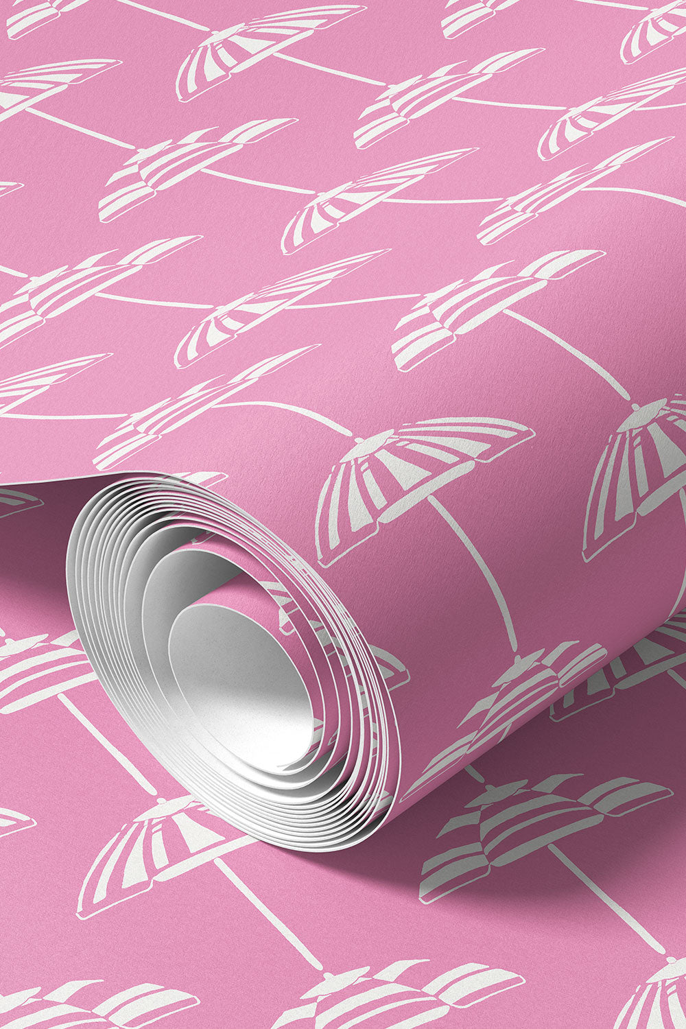 custom performance vinyl wallpaper that is washable and moisture repellant in bold pretty bright pink and white beach umbrella stripes for interior designers and custom home builders of coastal beach homes