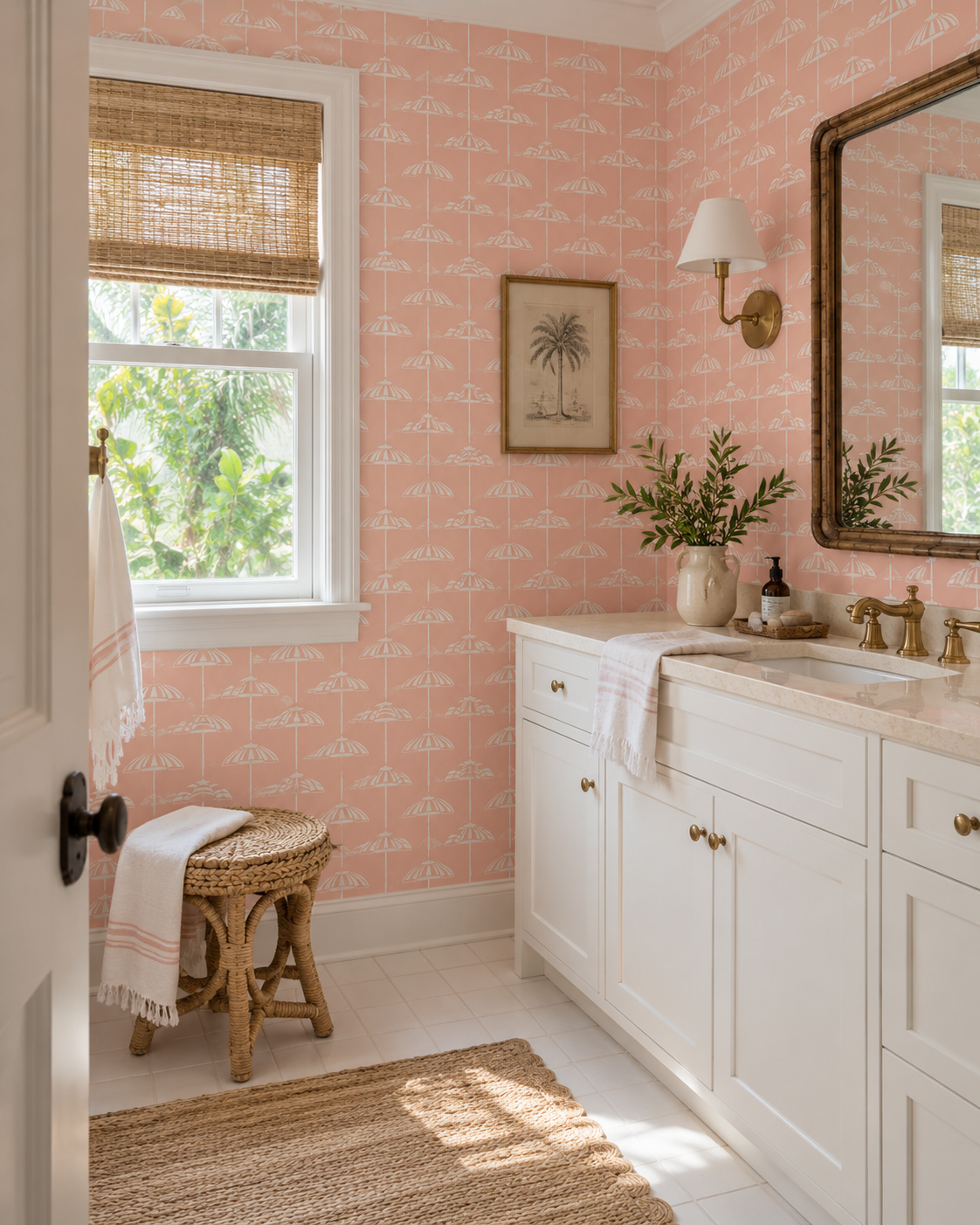 coastal vacation house bathroom with beach umbrella striped wallpaper on stain resistant performance vinyl wallpaper perfect for bathrooms, kitchens and pool houses
