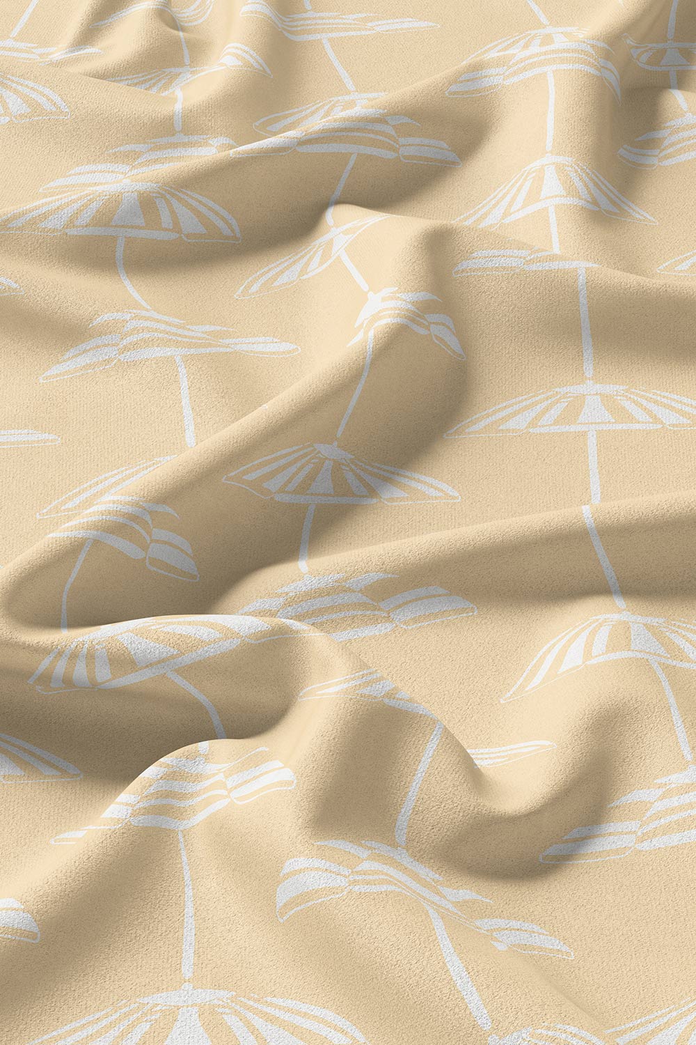 Hand-drawn vertical cabana stripe upholstery fabric inspired by beach umbrellas, shown in a coastal color palette with a classic yet playful look.