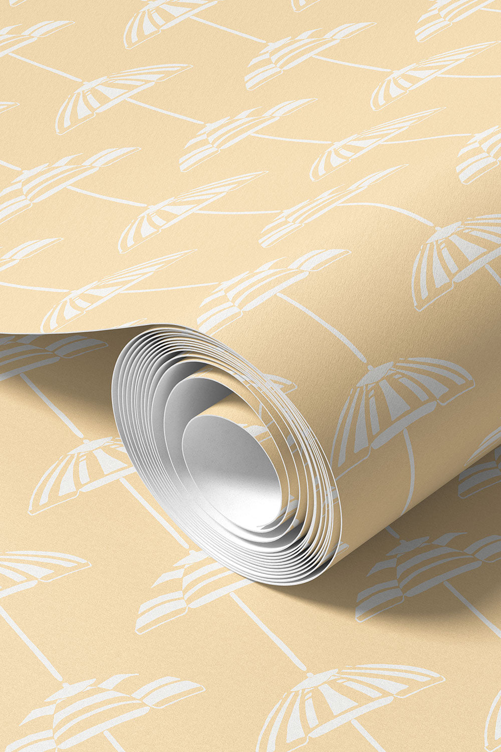 custom performance vinyl wallpaper that is washable and moisture repellant in calming neutral umbrella stripes for interior designers and custom home builders of coastal beach homes
