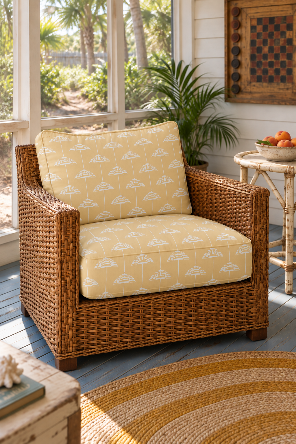 Hand-drawn vertical cabana stripe upholstery fabric inspired by beach umbrellas, shown in a coastal color palette with a classic yet playful look.