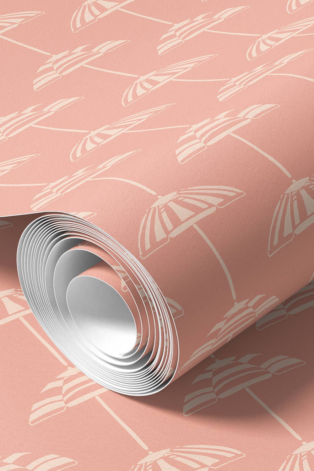 custom performance vinyl wallpaper that is washable and moisture repellant in bold pretty peach and pink beach umbrella stripes for interior designers and custom home builders of coastal beach homes