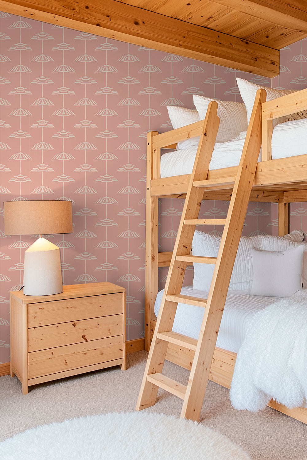 coastal vacation house bunk room with beach umbrella striped wallpaper on stain resistant performance vinyl wallpaper perfect for kids bedrooms and playrooms