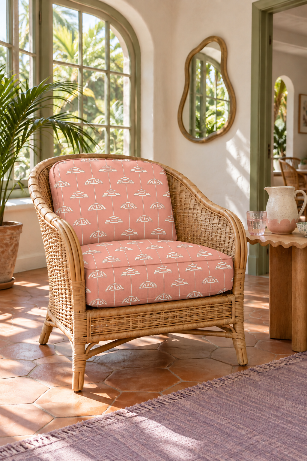 Hand-drawn vertical cabana stripe upholstery fabric inspired by beach umbrellas, shown in a coastal color palette with a classic yet playful look.