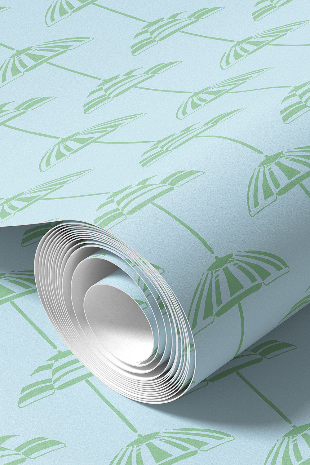 custom performance vinyl wallpaper that is washable and moisture repellant in calming beach soft ocean blue and light green beach umbrella stripes for interior designers and custom home builders of coastal beach homes