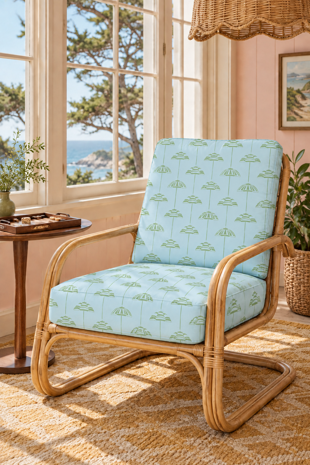 Hand-drawn vertical cabana stripe upholstery fabric inspired by beach umbrellas, shown in a coastal color palette with a classic yet playful look.
