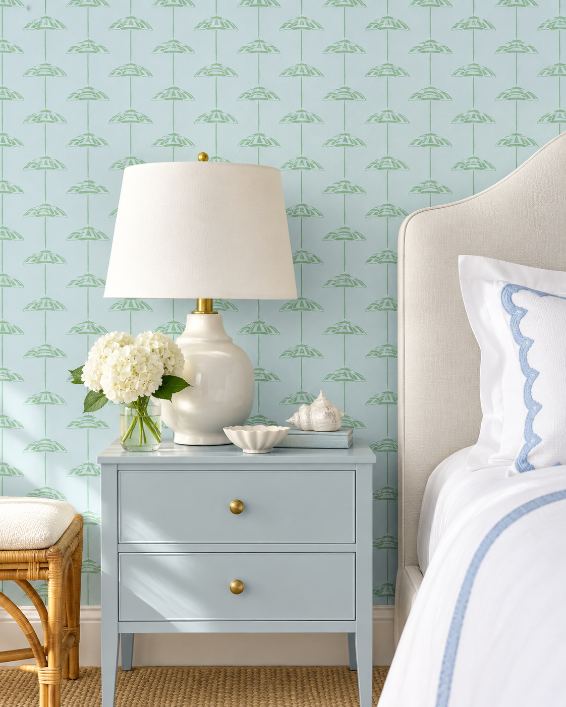 coastal guest bedroom custom performance vinyl wallpaper that is washable and moisture repellant in calming beach soft ocean blue and light green beach umbrella stripes for interior designers and custom home builders of coastal beach homes, 