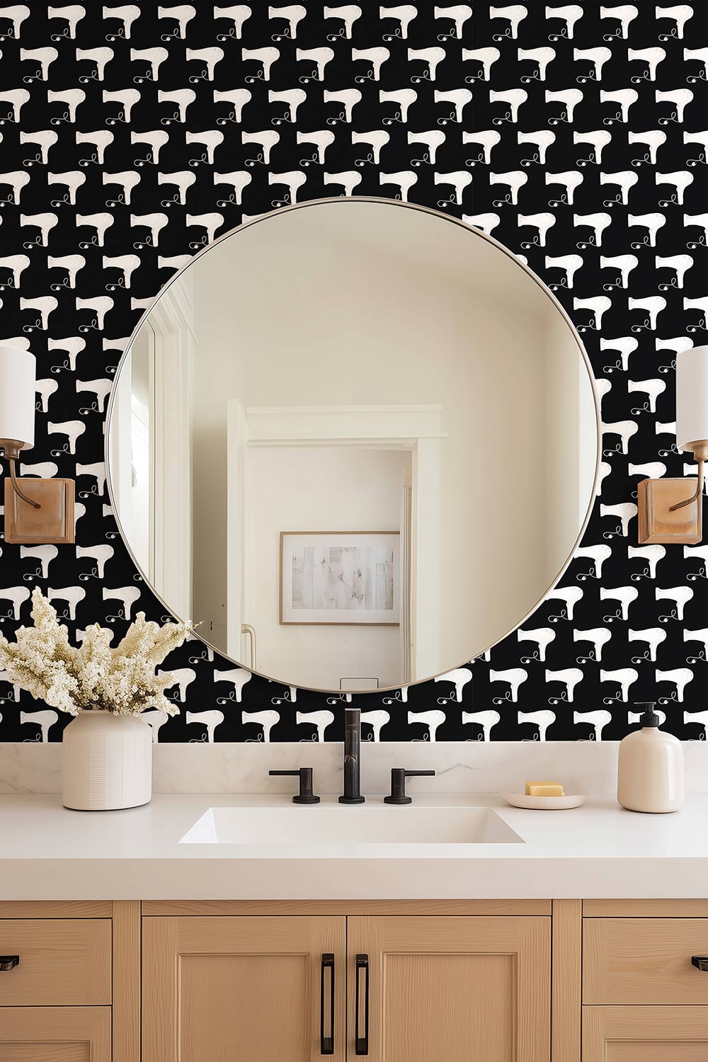 Performance vinyl blowdryer wallpaper featuring mini hair dryer icons designed for durable, high-traffic salon spaces