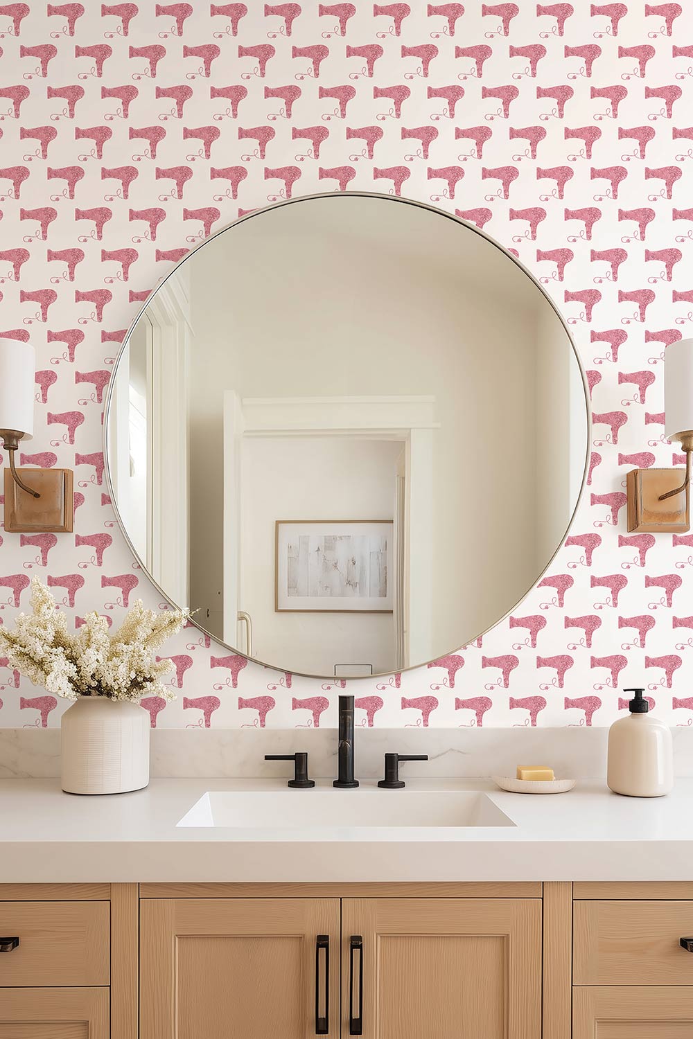 Performance vinyl blowdryer wallpaper featuring mini hair dryer icons designed for durable, high-traffic salon spaces