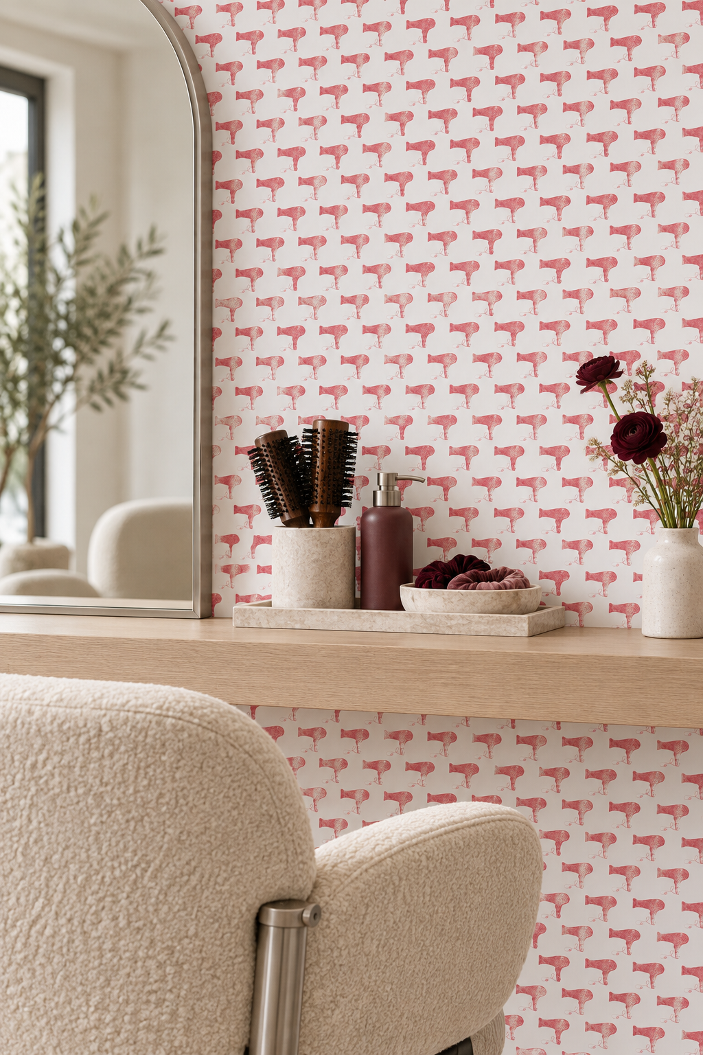 Performance vinyl blowdryer wallpaper featuring mini hair dryer icons designed for durable, high-traffic salon spaces