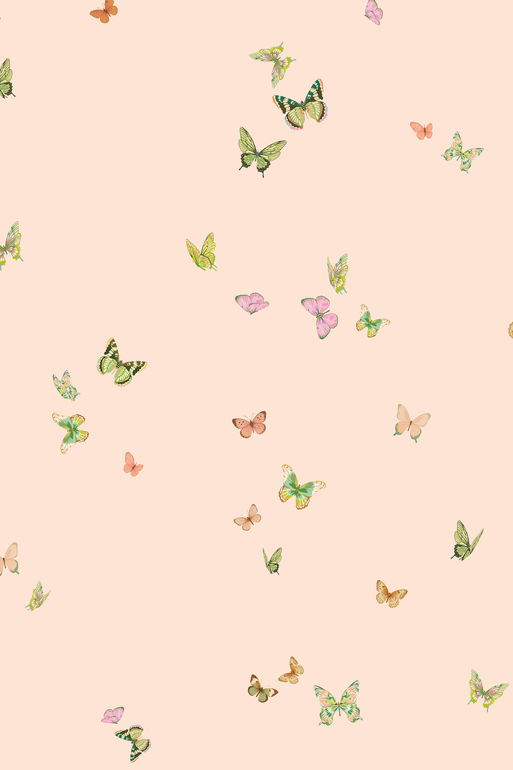 butterfly grove all-natural and eco-friendly grasscloth and basketweave wallpaper features watercolor-painted butterflies in soft pink, green, and neutral tones inspired by English garden skies