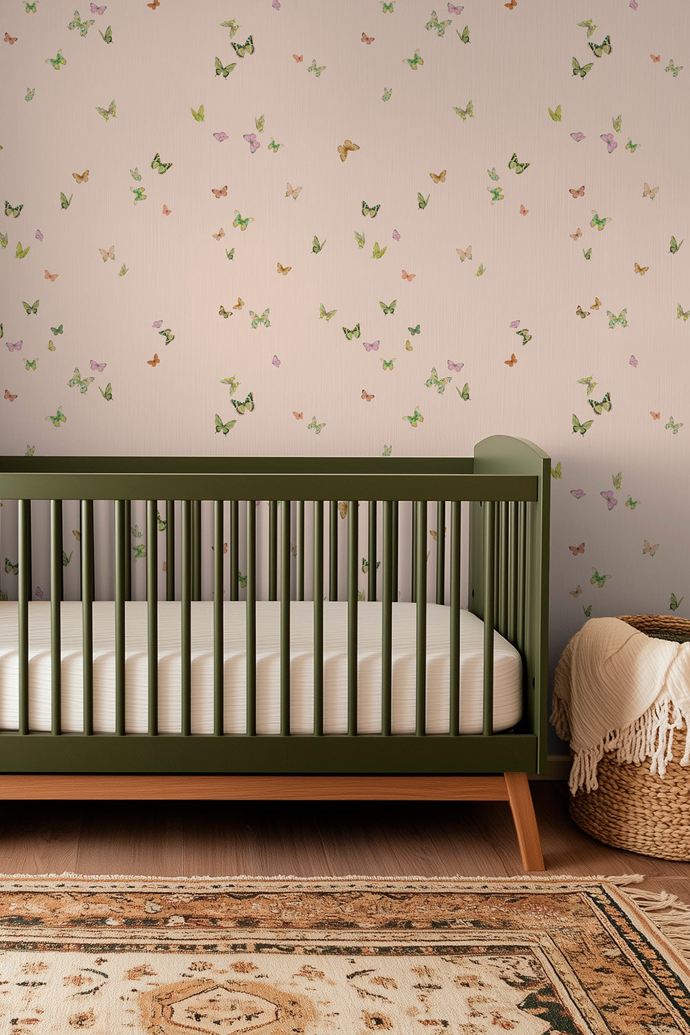 butterfly grove all-natural and eco-friendly grasscloth and basketweave wallpaper features watercolor-painted butterflies in soft pink, green, and neutral tones inspired by English garden skies perfect for baby girl nurseries 