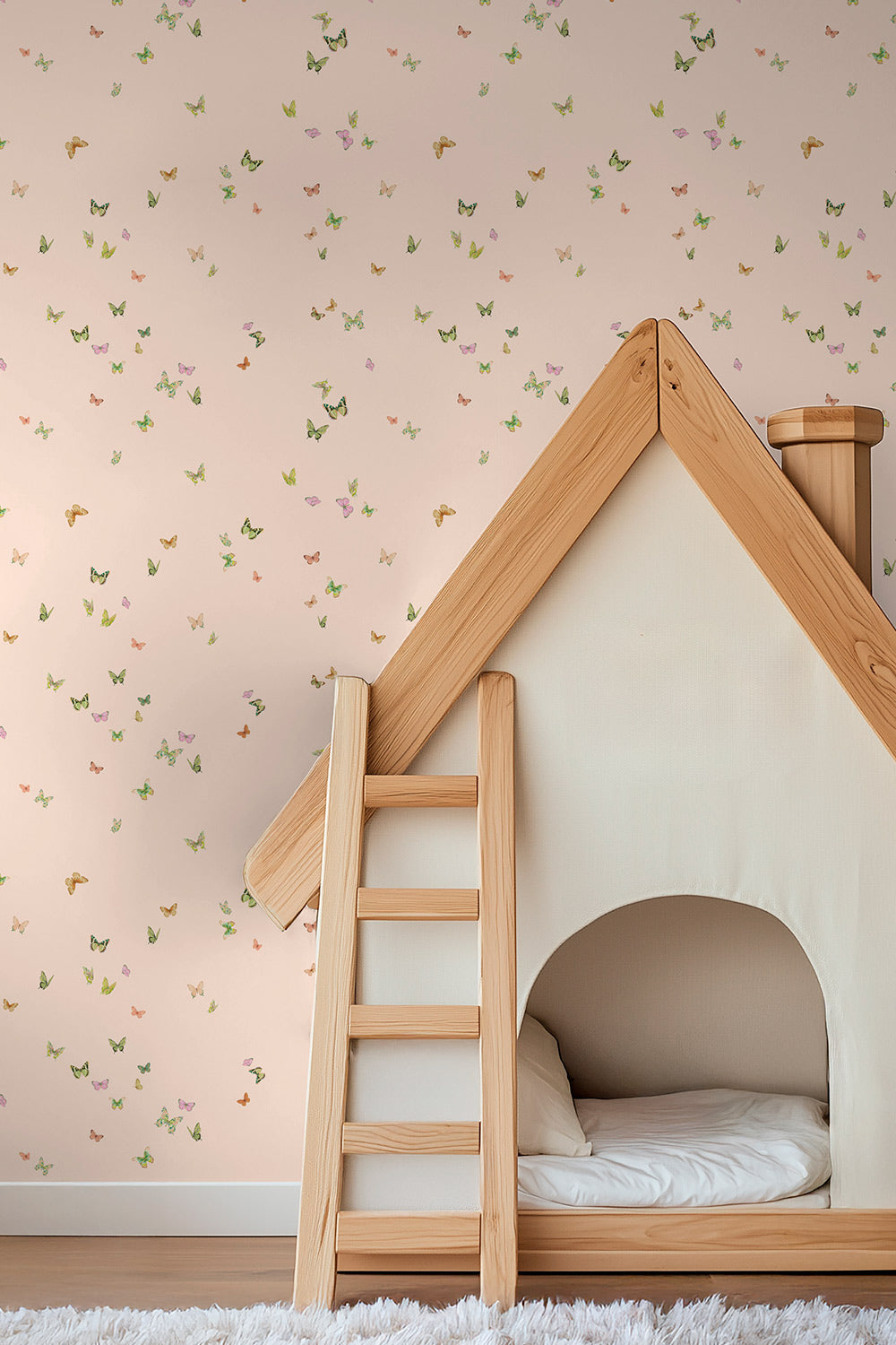 Butterfly Grove pastel pink garden inspired fluttering feminine butterfly wallpaper water and stain resistant performance vinyl wall-covering, great for heavy traffic kids spaces