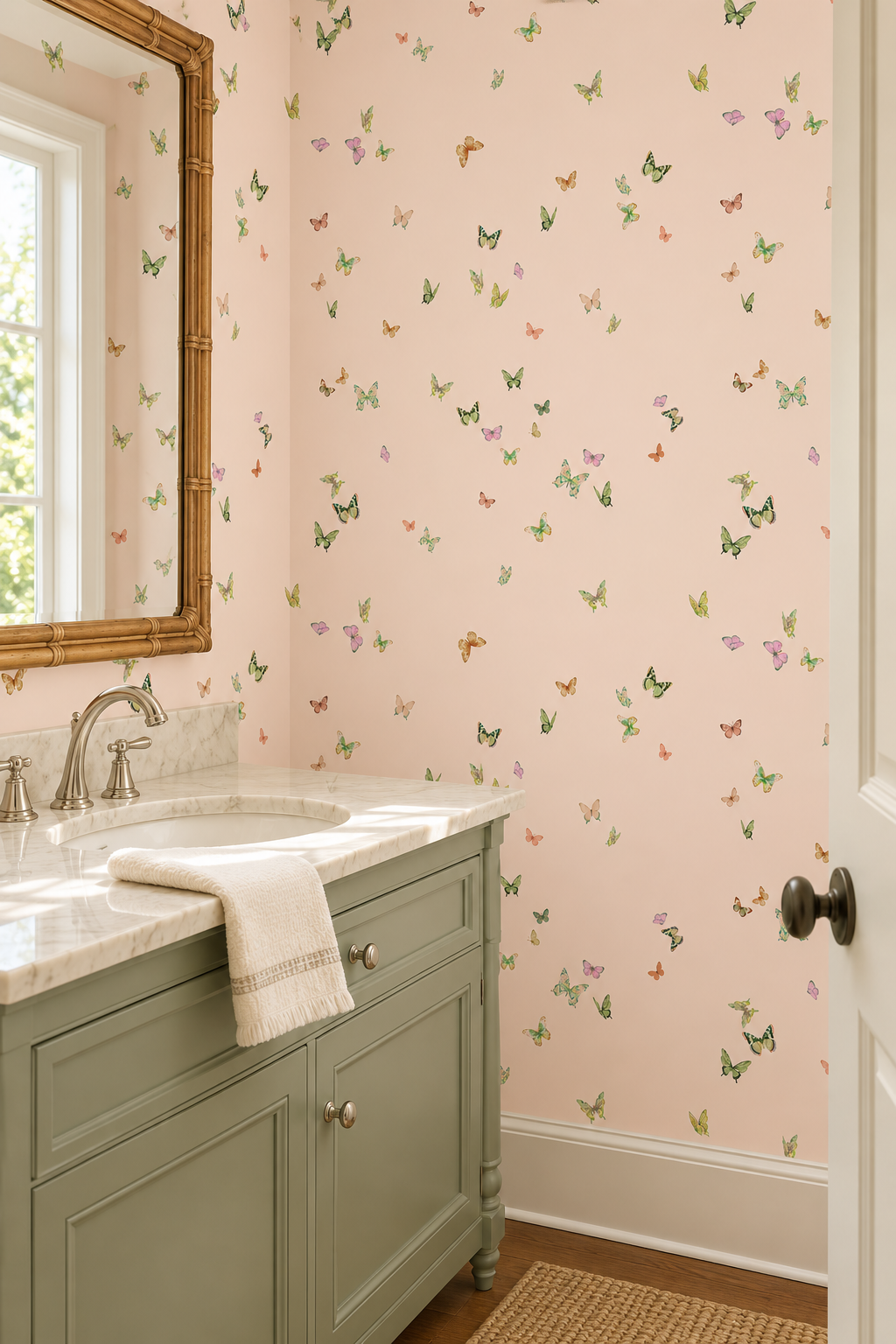 Butterfly Grove pastel pink garden inspired fluttering feminine butterfly wallpaper water and stain resistant performance vinyl wall-covering, great for bathrooms, kitchens and commercial spaces