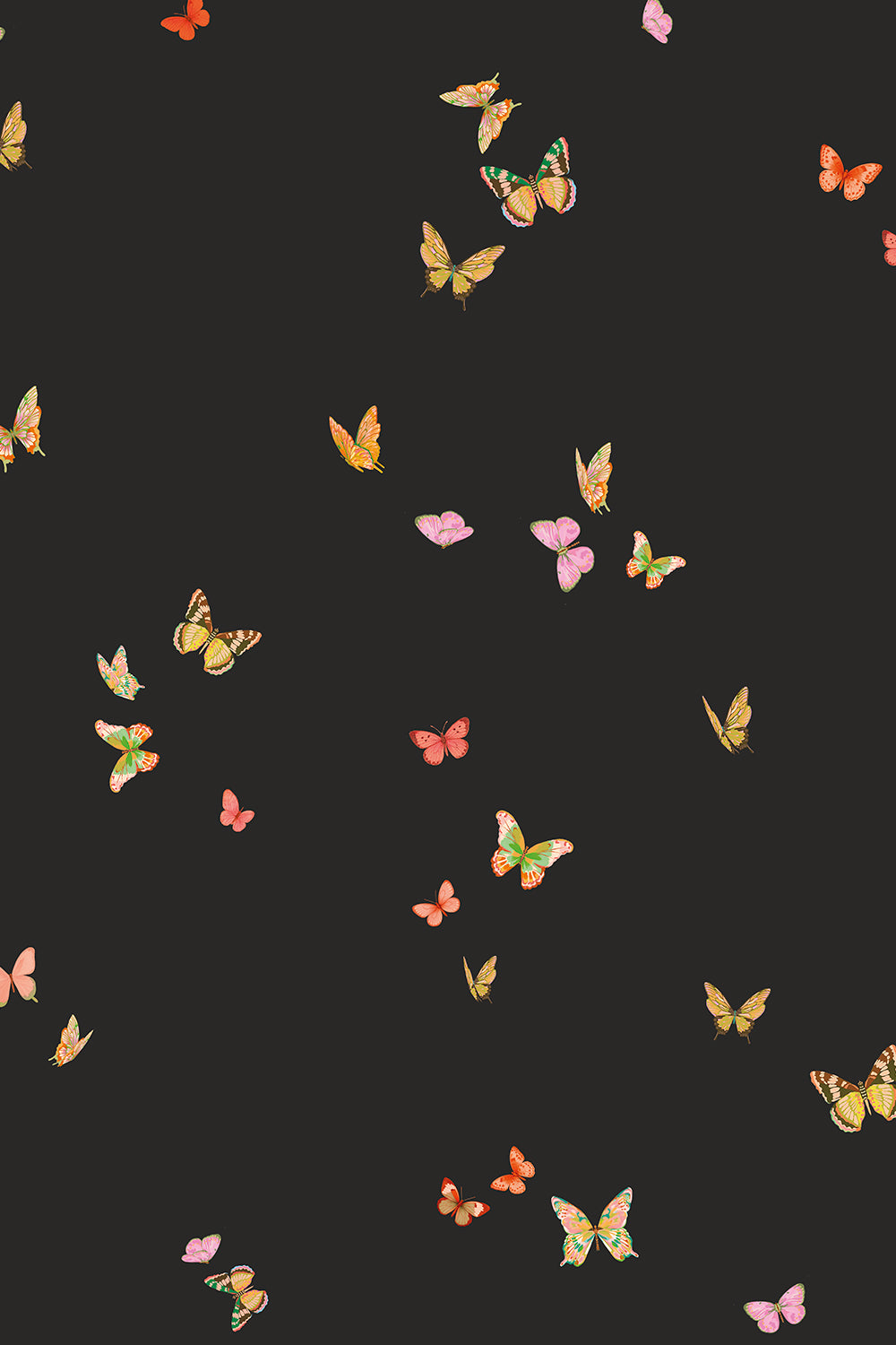 butterfly grove all-natural and eco-friendly grasscloth and basketweave wallpaper features watercolor-painted butterflies in bright pink, green, and orange tones inspired by English garden evening skies