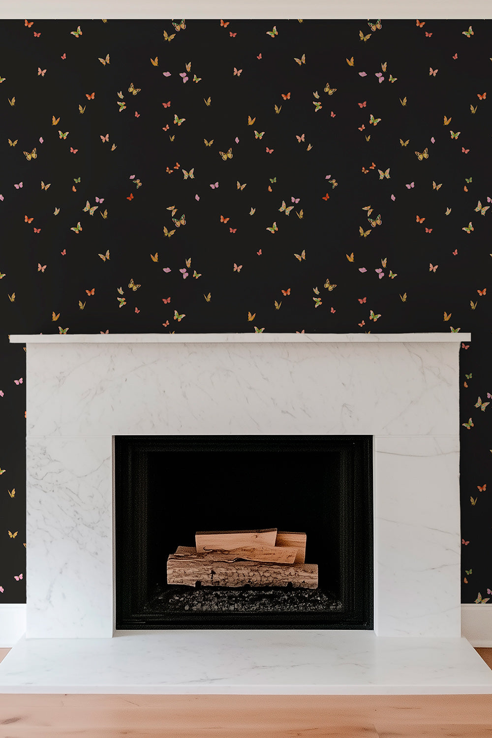 Butterfly Grove wallpaper featuring watercolor-painted butterflies in soft black with bright pink and green tones, inspired by English garden skies printed on traditional wallpaper perfect for dramatic lounges