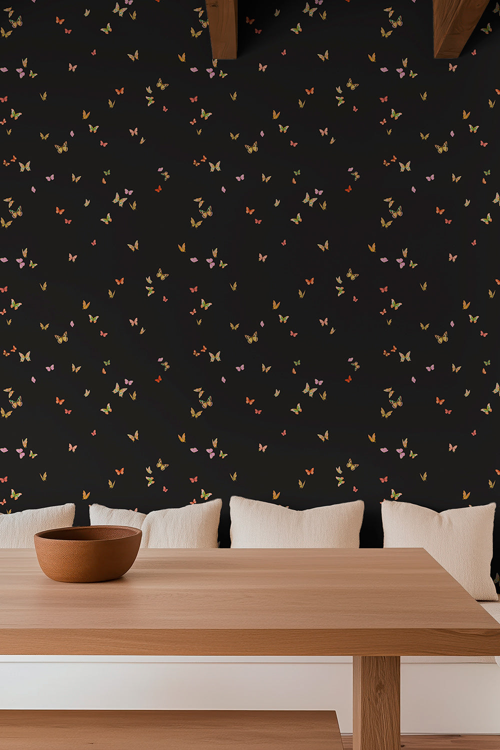 butterfly grove all-natural and eco-friendly grasscloth and basketweave wallpaper features watercolor-painted butterflies in bright pink, green, and orange tones inspired by English garden evening skies perfect for dramatic dining rooms