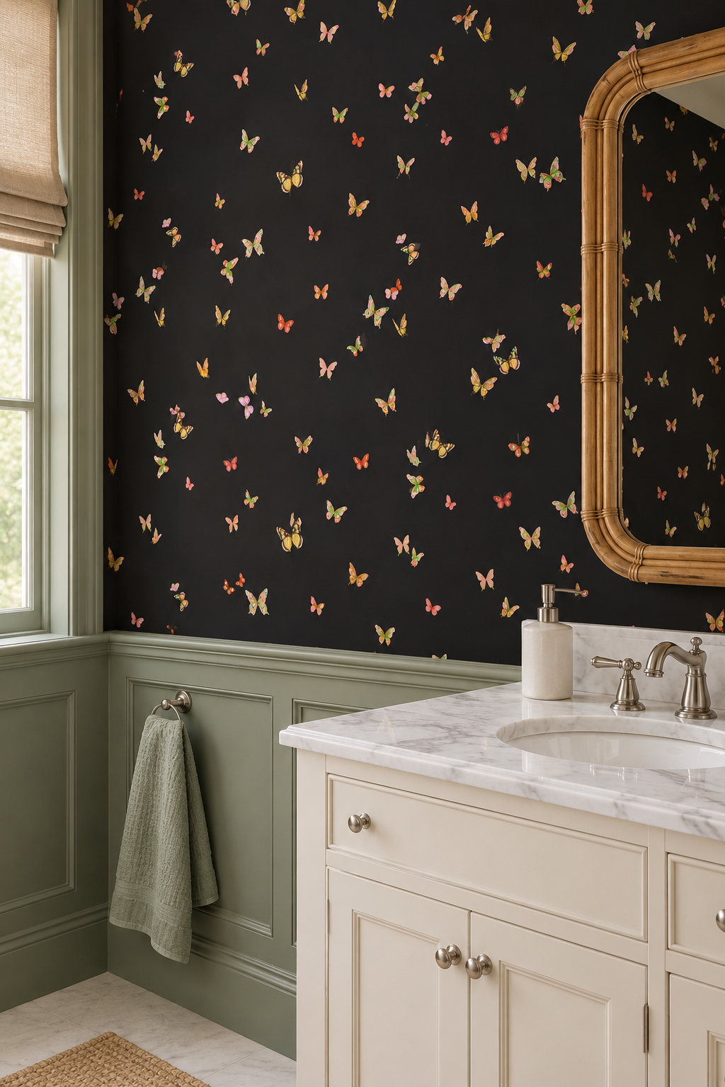 Butterfly Grove wallpaper featuring watercolor-painted butterflies in soft black with bright pink and green tones, inspired by English garden skies printed on traditional wallpaper perfect for dramatic powder rooms