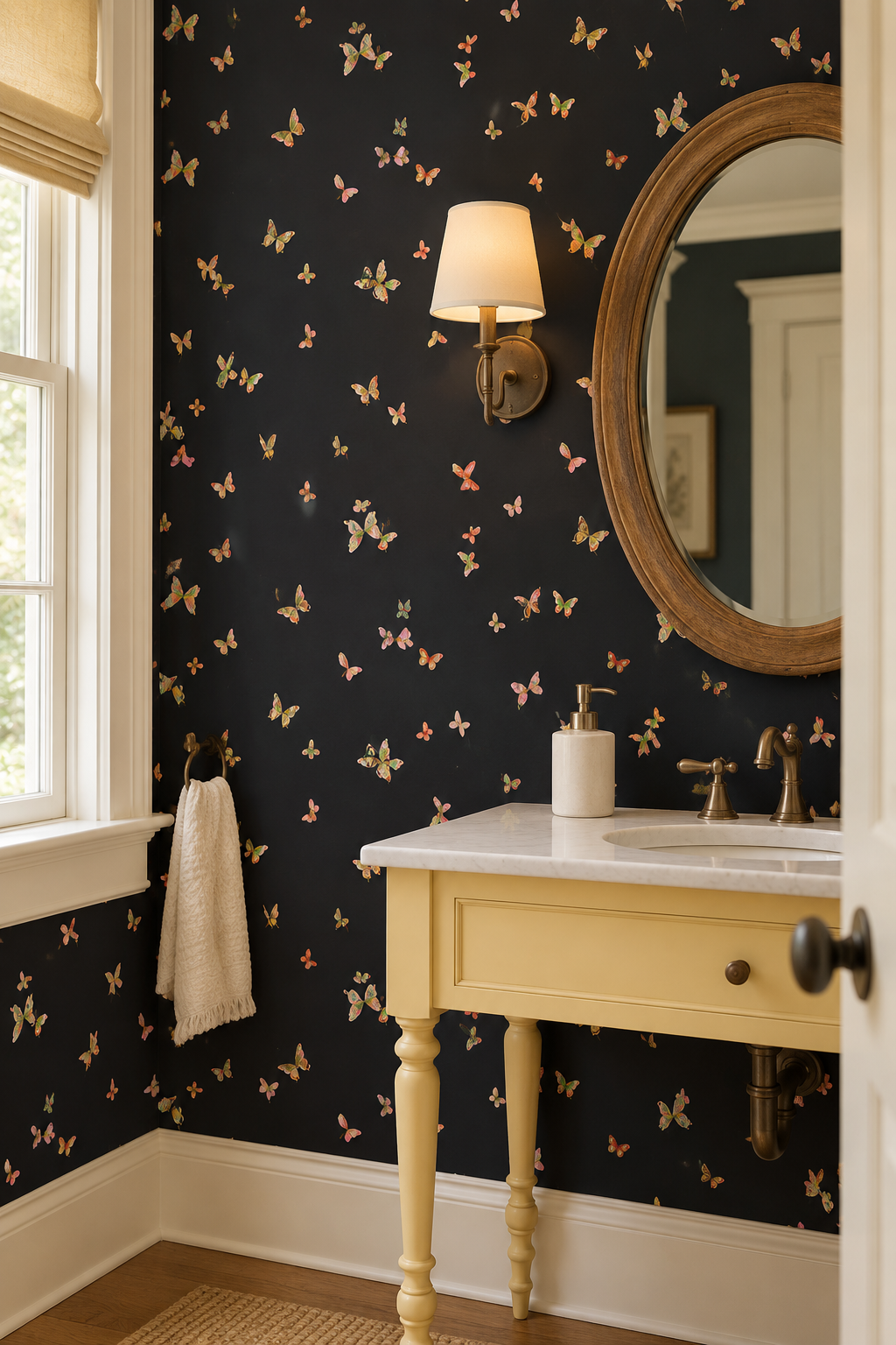 Butterfly Grove dramatic black garden inspired fluttering feminine butterfly wallpaper water and stain resistant performance vinyl wall-covering, great for bathrooms, kitchens and commercial spaces