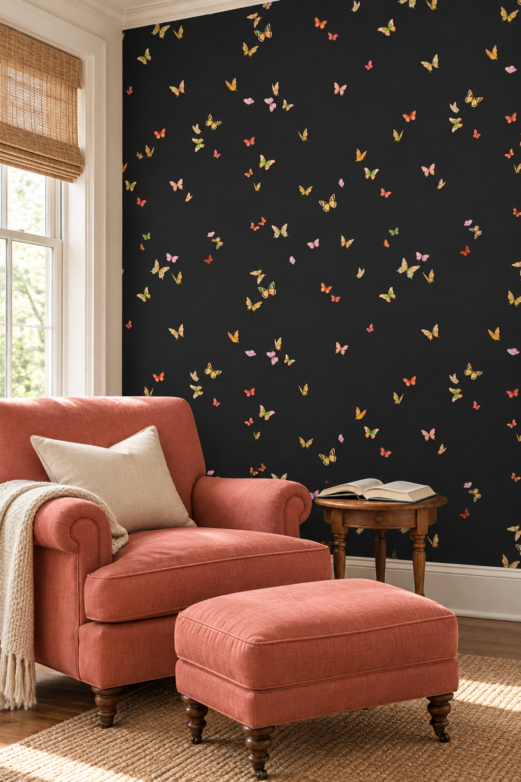 butterfly grove all-natural and eco-friendly grasscloth and basketweave wallpaper features watercolor-painted butterflies in bright pink, green, and orange tones inspired by English garden evening skies perfect for cozy cottage guest bedrooms