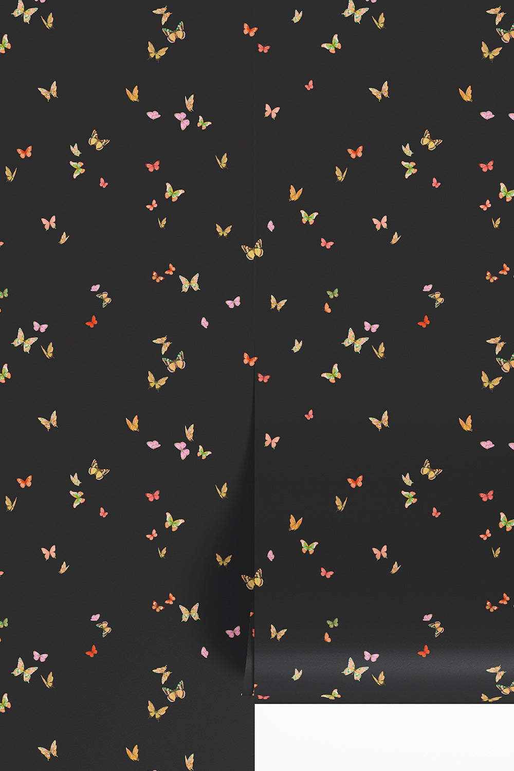 Butterfly Grove wallpaper featuring watercolor-painted butterflies in soft black with bright pink and green tones, inspired by English garden skies printed on traditional wallpaper