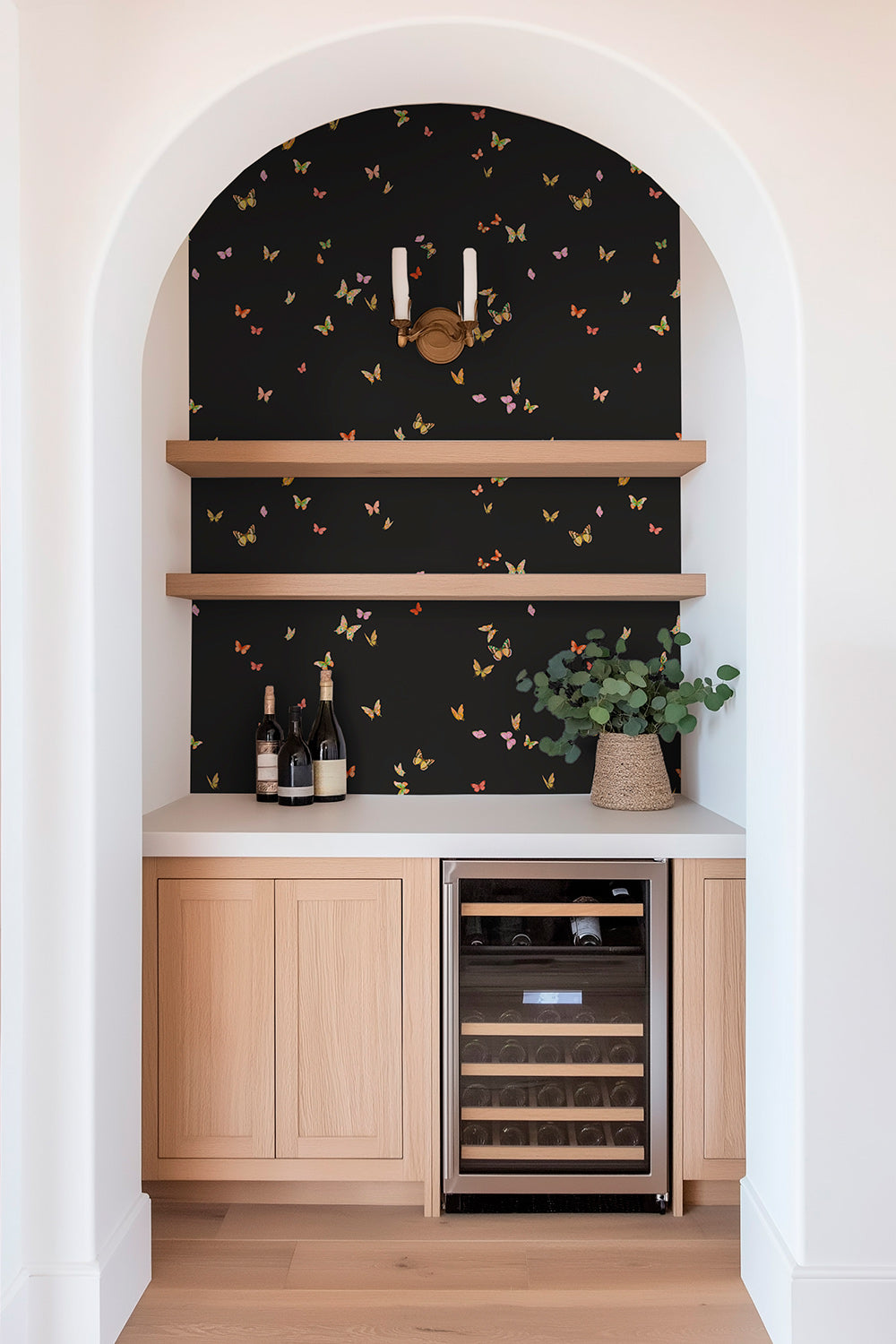 Butterfly Grove dramatic black garden inspired fluttering feminine butterfly wallpaper water and stain resistant performance vinyl wall-covering, great for bathrooms, kitchens and commercial spaces
