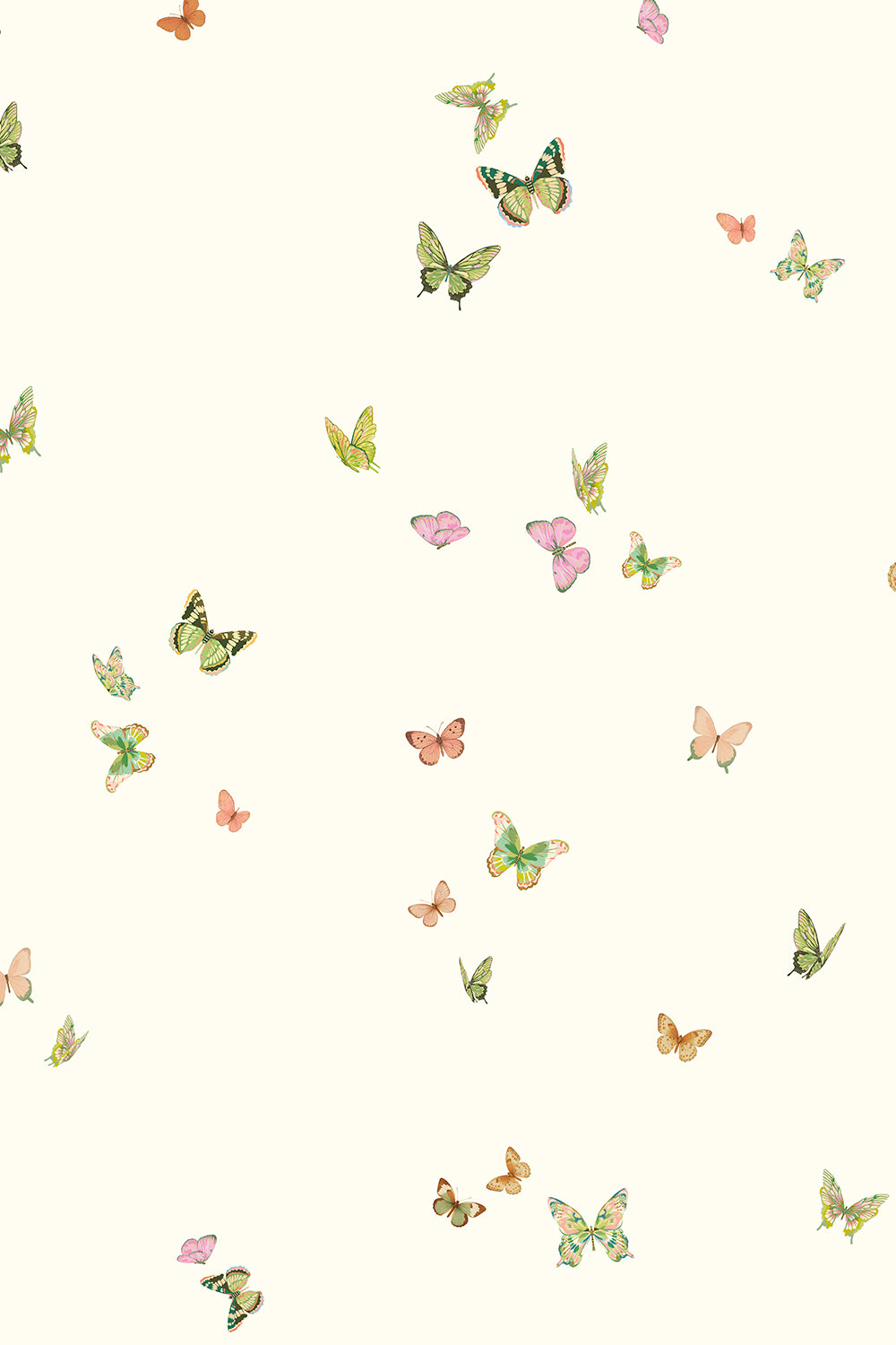 butterfly grove all-natural and eco-friendly grasscloth and basketweave wallpaper features watercolor-painted butterflies in soft pink, green, and neutral tones inspired by English garden skies printed on an off-white, cream colored base