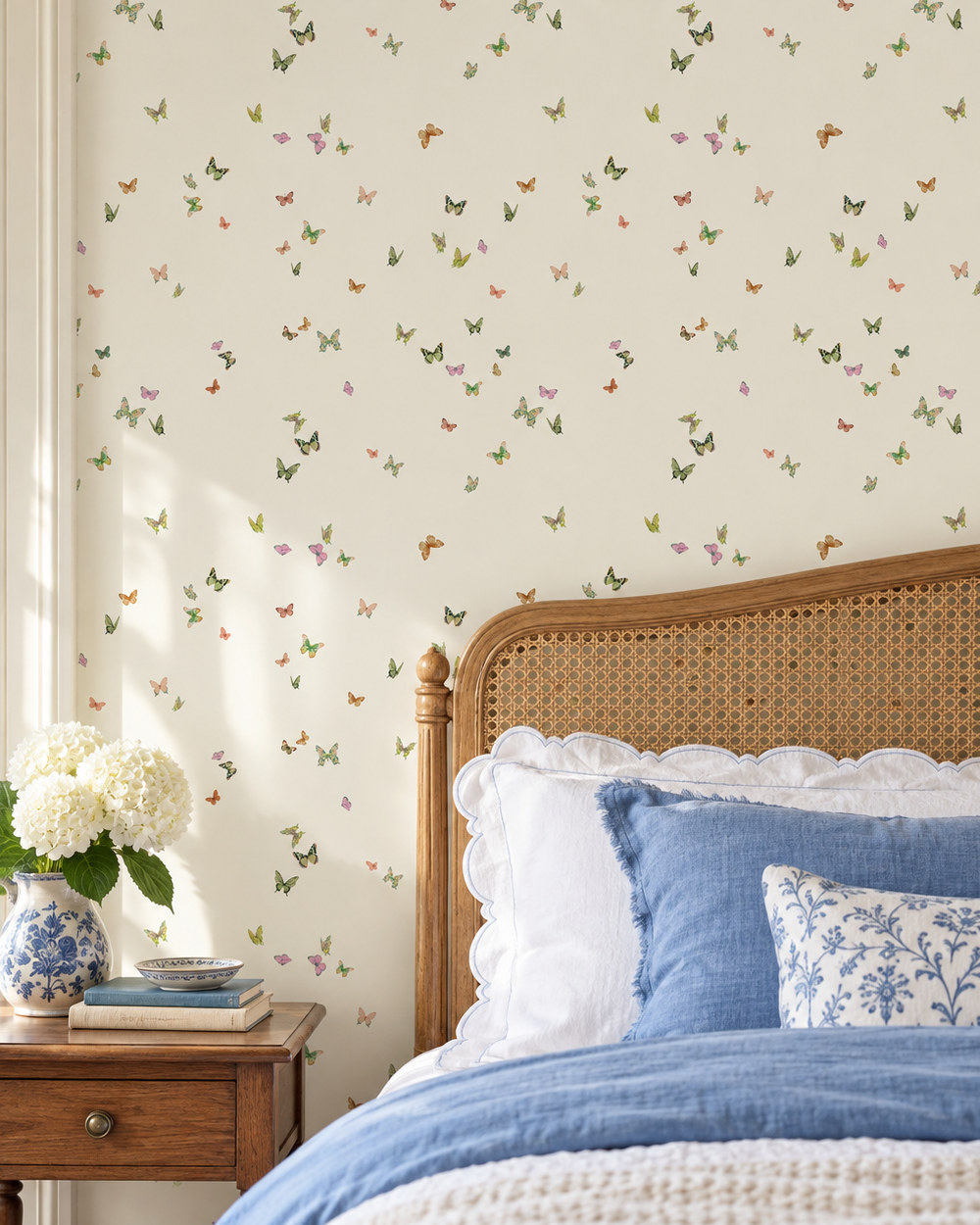 Butterfly patterned wallpaper on a bedroom wall above a wooden bed with blue bedding and a bedside table with flowers. butterfly grove all-natural and eco-friendly grasscloth and basketweave wallpaper features watercolor-painted butterflies in soft pink, green, and neutral tones inspired by English garden skies printed on an off-white, cream colored base perfect for cozy bedrooms
