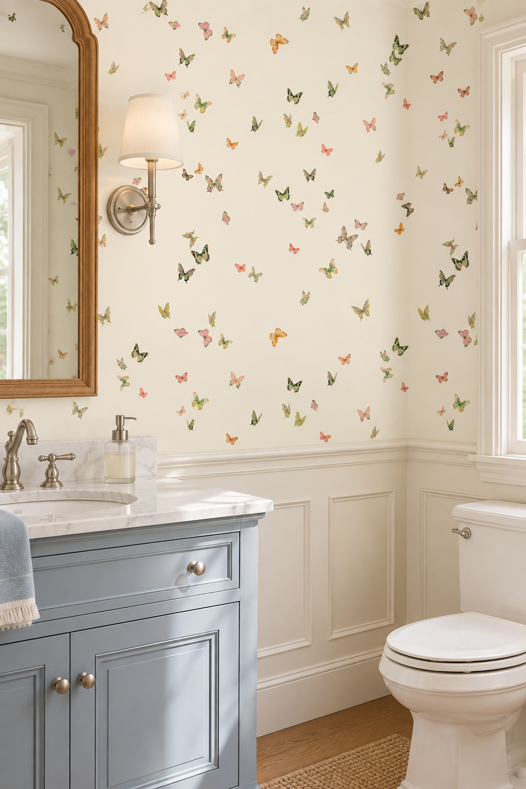 Butterfly Grove pastel on neutral cream garden inspired fluttering feminine butterfly wallpaper water and stain resistant performance vinyl wall-covering, great for bathrooms, kitchens and commercial spaces