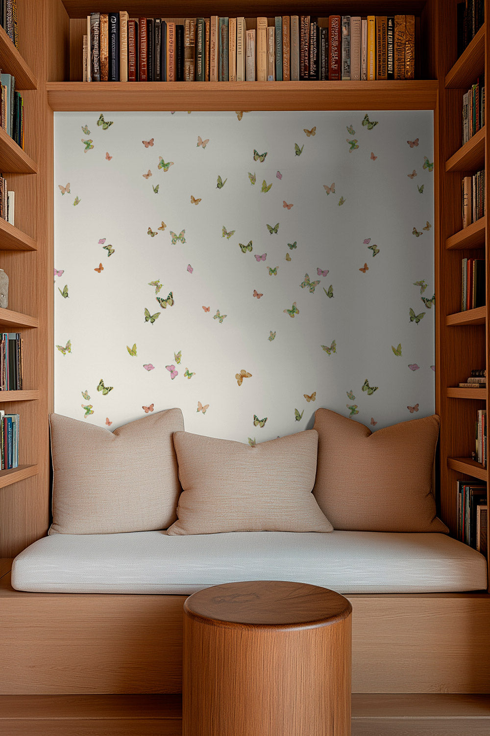 butterfly grove all-natural and eco-friendly grasscloth and basketweave wallpaper features watercolor-painted butterflies in soft pink, green, and neutral tones inspired by English garden skies printed on an off-white, cream colored base perfect for home offices, reading nooks and libraries